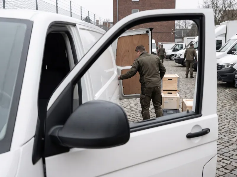 Transporter ohne Firmenaufschrift — kein Hinweis auf den Anlass